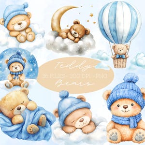 Clipart z niebieskim misiem, Clipart z baby shower dla chłopca, Clipart z urodzinami chłopca, , Śpiące misie, Miś PNG, Uroczy zestaw akwarelowych misiów