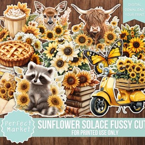 Sunflower Solace Fussy Cuts, Fall, Sun, Gold, Printable, Digital Download, Junk Journal, Vintage, Yellow, Summer, Floral