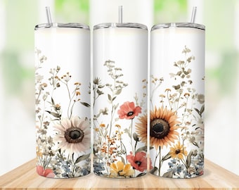 5 Bundle 20 oz Tumbler Wrap for Sublimation, Seamless Floral Spring Design, Vibrant Watercolor Wildflowers, Skinny Tumbler PNG