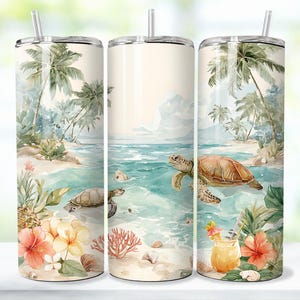 5 Bundle Beach Tumbler Wrap PNG, 20 oz Skinny Tumbler Design, Summer Sea Turtle Starfish Sublimation, Instant Digital Download