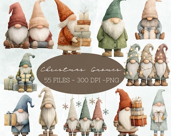 May include: A collection of watercolour illustrations featuring Christmas gnomes. The gnomes, with long white beards, are dressed in hats and coats in shades of red, green, blue, and beige. Some gnomes are holding gifts or decorated with fairy lights.
