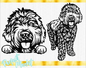May include: Black and white silhouette illustration of a doodle dog. The dog is shown in two poses, one with its head peeking over a surface and the other standing with its legs visible.