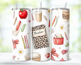 7 Bundle Teacher Leopard Tumbler Wrap PNG, Teacher Coquette 20 oz Skinny Tumbler Sublimation Design PNG, Teacher Appreciation Tumbler Design