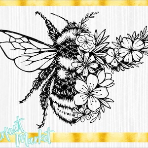 May include: Black and white line art illustration of a bumblebee with flowers surrounding it. The bumblebee has wings, legs, and a fuzzy body. The flowers are stylized and have petals and leaves.