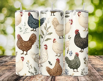5 Bundle Cute Chicken 20oz Tumbler Wrap, Farm Animal Tumbler Wrap Design for 20oz Skinny Tumbler PNG, Country Folk Art Sublimation Design