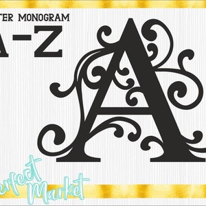 May include: Black and white monogram letter A with decorative swirls. The letter is in a bold font and the swirls are intricate and detailed. The text "LATTER MONOGRAM A-Z" is at the top of the image.