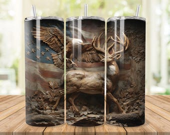 Deer American Flag Tumbler Wrap, Eagle Tumbler PNG, 20 oz Skinny Sublimation Design, Straight Tumbler Wrap, Digital Download - 8 PNG