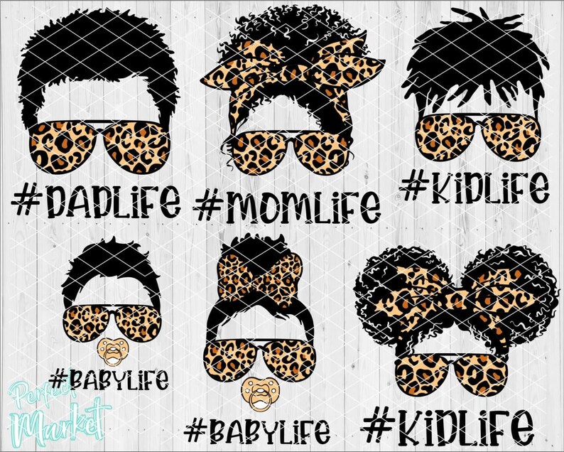 K&ouml;nnte beinhalten: Ein Satz von f&uuml;nf digitalen Schnittdateien mit Cartoon-Illustrationen von Personen, die Sonnenbrillen mit Leopardenmuster tragen. Der Text #DADLIFE, #MOMLIFE, #KIDLIFE, #BABYLIFE ist im Design enthalten.