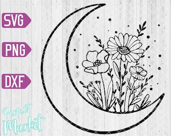 May include: Black and white silhouette of a crescent moon with a cluster of stylized flowers inside. The flowers have a simple, delicate design.