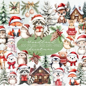Joli clipart animaux des bois, lot de cliparts Noël bois, hiver bois, lot de cliparts Noël, ours, renard, bébés animaux forêt