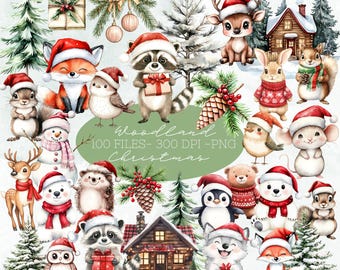 Cute Woodland Animals Clipart, Christmas Woodland Clipart Bundle, Winter Woodland,  Christmas Clipart Bundle, Bear, Fox, Forest Baby Animals