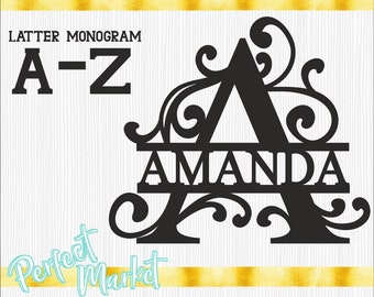 Split Letter Monograms Swirls,Digital Laser Cut file,Glowforge Svg, Alphabet laser file,Files for wood,26 Letters Alphabet