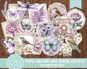 Purple and Ivory Junk Journal Add On Kit, Turquoise, Vintage, Printable, Digital Download, Neutral, Victorian, Teal, Ephemera