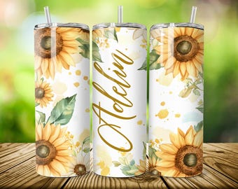 5 Bundle Sunflower Tumbler PNG, 20 oz Skinny Tumbler, Sunflowers Tumbler Wrap, Add Your Own Text Tumbler Wrap, Sunflowers Sublimation Design
