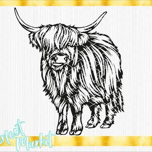 Puede incluir: Ilustración en blanco y negro de una vaca Highland con pelo largo y peludo. La vaca está de pie con la cabeza ligeramente inclinada hacia un lado.