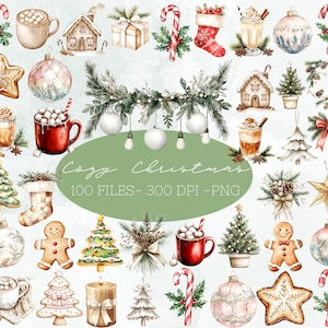 Watercolor Christmas Clipart Bundle, Boho Christmas PNG, Ornaments Clipart, Christmas Wreath, Stocking, Cozy Christmas Clipart