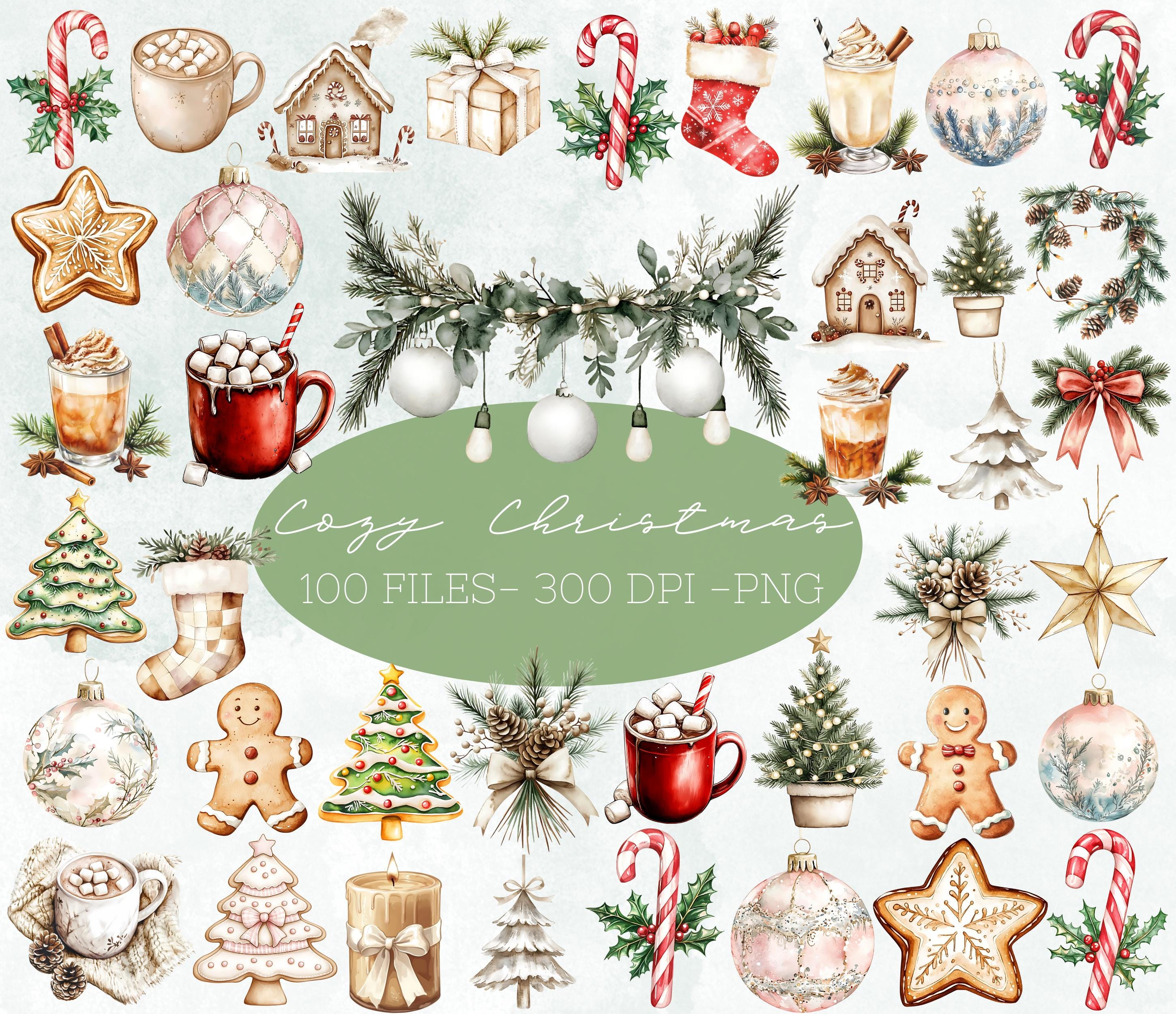 Watercolor Christmas Clipart Bundle, Boho Christmas PNG, Ornaments Clipart, Christmas Wreath, Stocking, Cozy Christmas Clipart