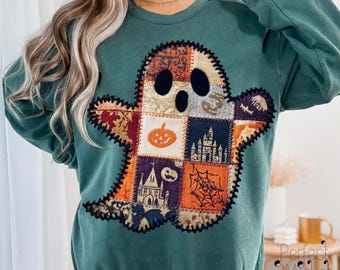 Patchwork Ghost PNG, Cozy Spooky Fall Shirt Design, Retro Halloween Ghost PNG, Halloween Vintage Quilt Ghost Sublimation