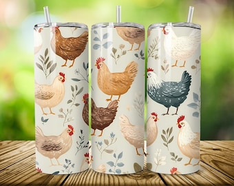 5 Bundle Cute Chicken 20oz Tumbler Wrap, Farm Animal Tumbler Wrap Design for 20oz Skinny Tumbler PNG, Country Folk Art Sublimation Design