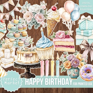 May include: A collection of watercolor illustrations featuring birthday-themed elements. Includes cakes, cupcakes, ice cream, balloons, gifts, flowers, and a donut. The words "Happy Birthday" are prominently displayed, along with other text.