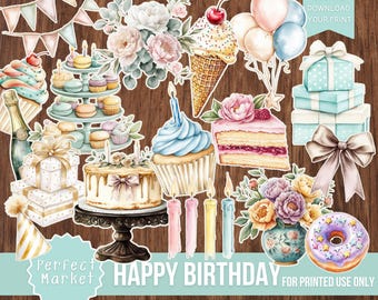 Celebration for FUSSY CUTS: Junk Journal, Happy Birthday Card, Stickers, Cricut, Planner, Printable, Digital Download