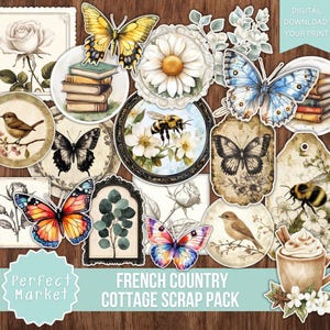 French Country Cottage Scrap Pack, Junk Journal PDF, Vintage, Blau, Frühling, Bauernhof, sofortiger digitaler Download, Ephemera, Kit