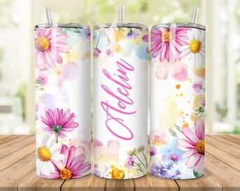 2 Bundle Daisy flowers 20oz skinny tumbler sublimation design, Floral Digital PNG Straight wrap, Add name or text blank