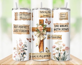 Boho Christian Tumbler Wrap, Faith Inspired Sublimation, 20 oz Skinny Tumbler Christian Design, Floral Cross Design, Digital Download