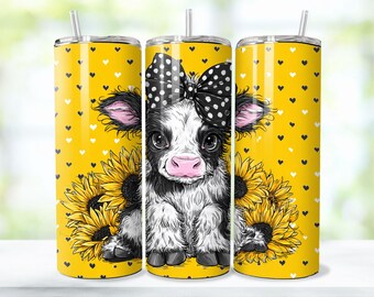 Highland Cow 20oz Tumbler Wrap, Baby Cow Tumbler PNG, Cow Sunflowers PNG 20oz Floral Wrap, 20oz Sublimation Design, Digital Download - 8 PNG