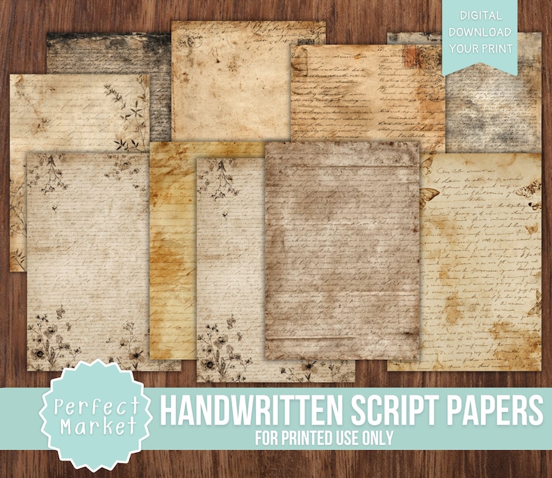 Handwritten Script Papers Junk Journal, Coffee Dyed Vintage Pages ...