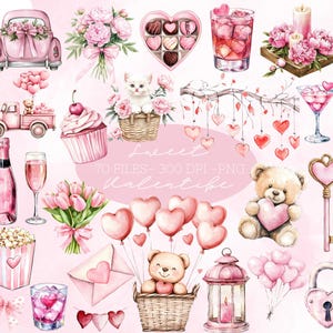 Clipart del día de San Valentín en acuarela, paquete de imágenes prediseñadas de San Valentín dulce, San Valentín ruborizado, día del amor, PNG de San Valentín, imágenes prediseñadas de rosas rosadas