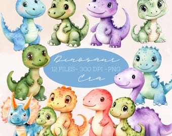 Clipart de dinosaurio de dibujos animados, dinosaurio bebé, descarga digital, manualidad de papel, clipart de acuarela imprimible, PNG de alta calidad