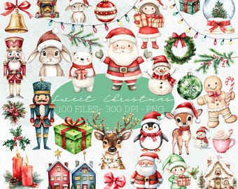 Sweet Christmas Clipart Bundle, Elf, Winter Holidays, Wreath, Cute Santas Village Clipart, North Pole, Christmas Village, Reindeer, Snowman