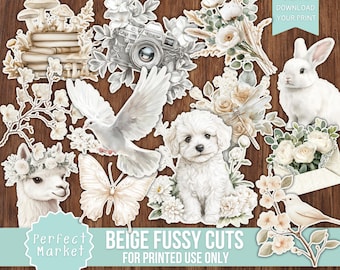 Shades of Beige FUSSY CUTS, Flowers, Books, Neutral, Prints Printable Digital Download, Stickers, Ivory, Shabby, Vintage, Cricut