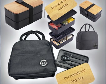 Bento Box personalizzata con coperchio in bambù e borsa per il pranzo abbinata - Personalizzabile per adulti e bambini - Disponibile in nero, bianco, verde e rosso