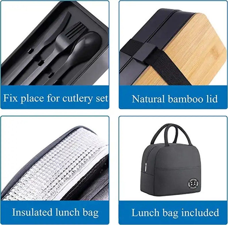 Boîte à déjeuner personnalisée à 2 couches avec couvercle en bambou gravé Boîte à bento élégante pour adultes avec boîte à déjeuner personnalisée avec sac image 2