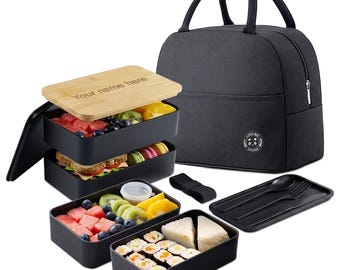 Engraved Bamboo Bento Box - Two-Tier Lunch Container with Bag