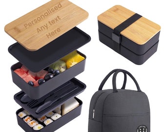 Gepersonaliseerde 2-laags lunchboxcontainer met gegraveerd bamboedeksel - Stijlvolle Bento Box-set voor volwassenen met gepersonaliseerde lunchbox met tas