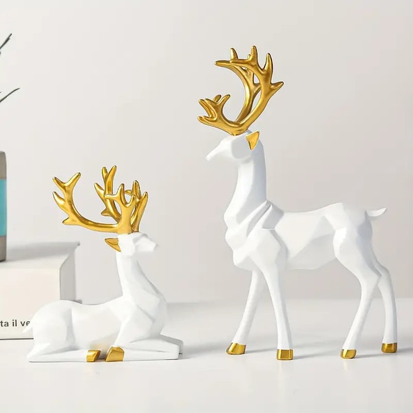 Set of 2 Golden Deer Statues - Elegant Christmas Decoration for Office and Home, Festive Elk Crafts, Unique Gift Idea