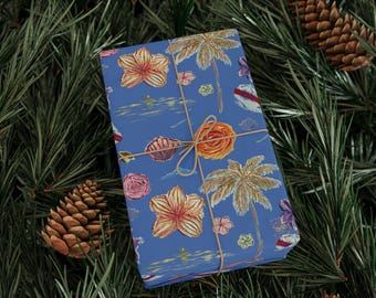 Tropical Hawaiian Wrapping Paper, Palm Trees, Textured Floral Painting Design for Birthday Festive Gift