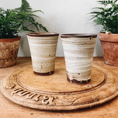 Pair of Vintage Stoneware shops Mugs or Tumblers, Vintage Handmade Textured Stoneware Pottery, Vintage MCM Ceramic Brown and Cream Tumbler Pair