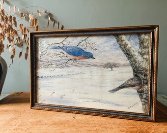 Vintage Original Painting, Vintage Bird Art, Bluebird Original Art, Watercolor Winter Bird Painting, Framed Original Art Farmhouse Style
