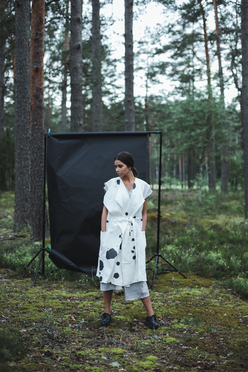 Oversized linen vest / sleeveless linen vest with belt / asymmetrical loose linen vest image 1