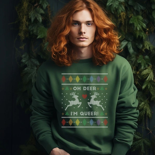 Oh Deer I'm Queer Sweatshirt, Ugly Christmas Sweater LGBT, Xmas Nikolaus Pulli, Pullover Advent lustig, Geschenk Weihnachten Gay