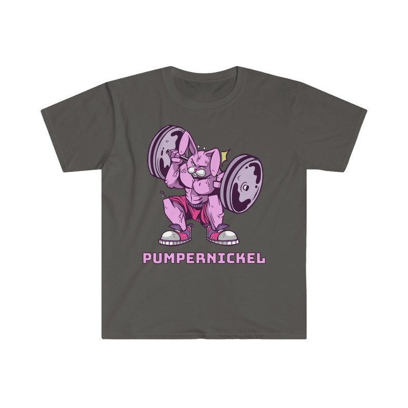 May include: Dark grey t-shirt featuring a cartoon rabbit lifting weights. The rabbit is pink and muscular, wearing pink shorts and sneakers. The barbell has purple weights. The word "Pumpernickel" is printed below the rabbit in pink.