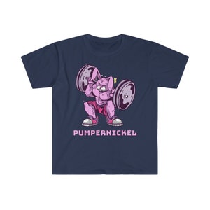 May include: Navy blue t-shirt featuring a cartoon rabbit lifting weights. The rabbit is pink and muscular, wearing pink shorts and sneakers. The text "PUMPERNICKEL" is printed in pink below the rabbit.