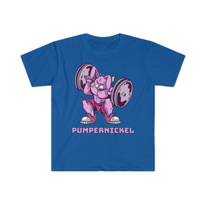 May include: Royal blue t-shirt featuring a cartoon rabbit lifting weights. The rabbit is pink and muscular, wearing pink shorts and shoes. The barbell has gray weights. The word "Pumpernickel" is printed in pink below the rabbit.
