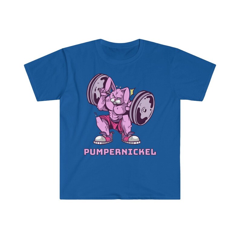 May include: Royal blue t-shirt featuring a cartoon rabbit lifting weights. The rabbit is pink and muscular, wearing pink shorts and shoes. The barbell has gray weights. The word "Pumpernickel" is printed in pink below the rabbit.