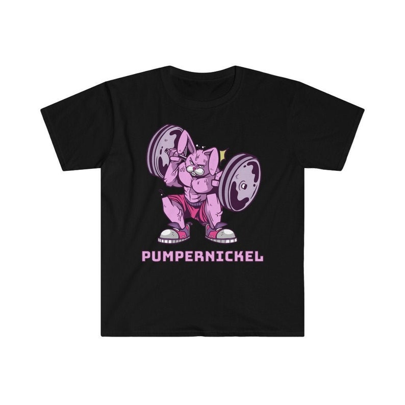 May include: Black t-shirt featuring a cartoon rabbit lifting weights. The rabbit is pink and muscular, wearing pink shorts and sneakers. The text "PUMPERNICKEL" is printed in pink below the rabbit.