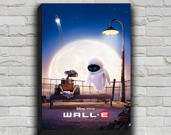 May include: A movie poster for the animated film WALL-E, featuring the two main characters, WALL-E and EVE, standing on a platform under a full moon. The poster has a blue and purple sky with stars and a rocket ship in the background. The text "Disney Pixar WALL-E" is at the bottom of the poster.
